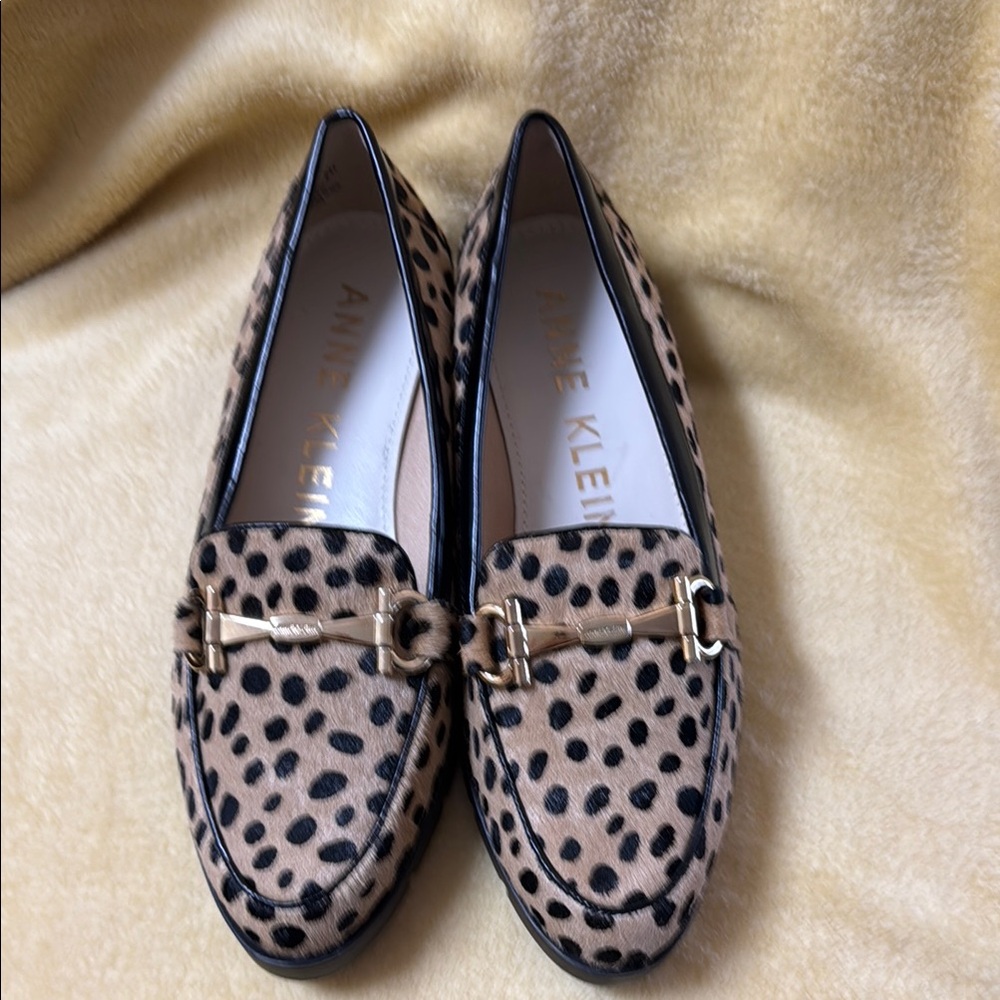 Anne Klein Leopard Print Loafers with Gold Accents
